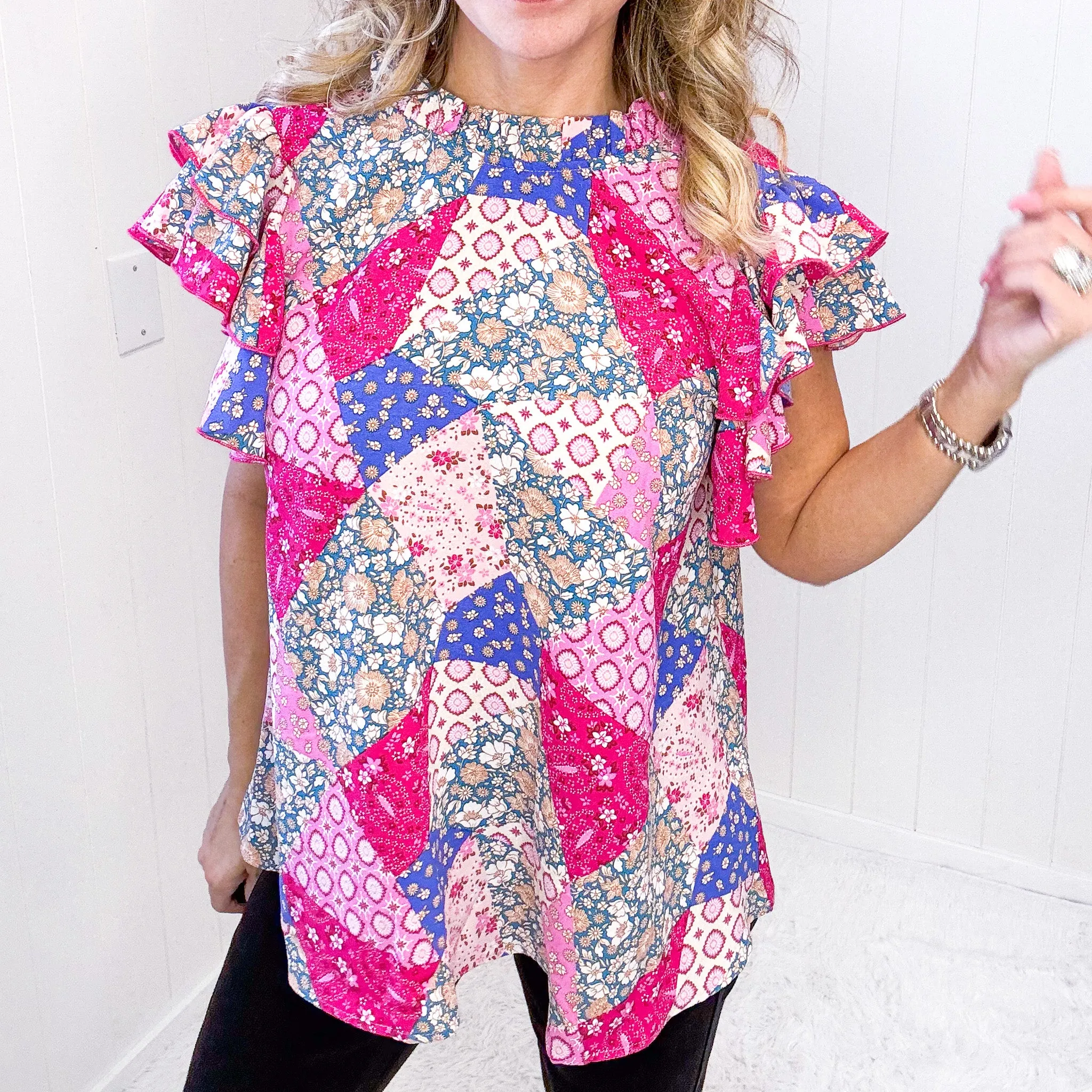 Feeling Bold Fuchsia Patchwork Mock Neck Flutter Sleeve Blouse sold by Boujee Boutique product image thumbnail 2