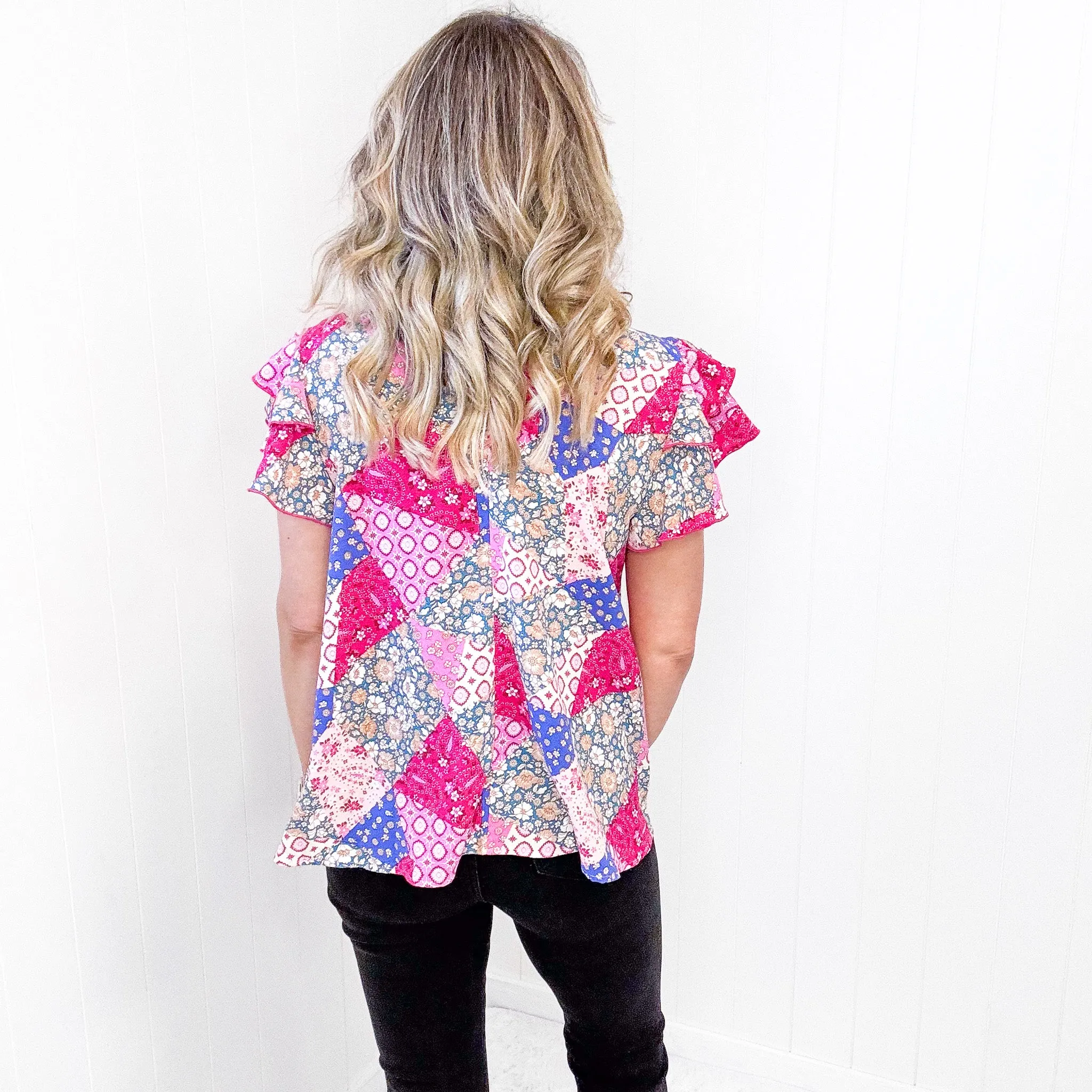 Feeling Bold Fuchsia Patchwork Mock Neck Flutter Sleeve Blouse sold by Boujee Boutique product image thumbnail 5