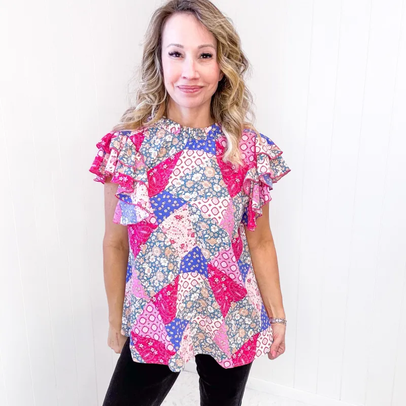 Feeling Bold Fuchsia Patchwork Mock Neck Flutter Sleeve Blouse sold by Boujee Boutique