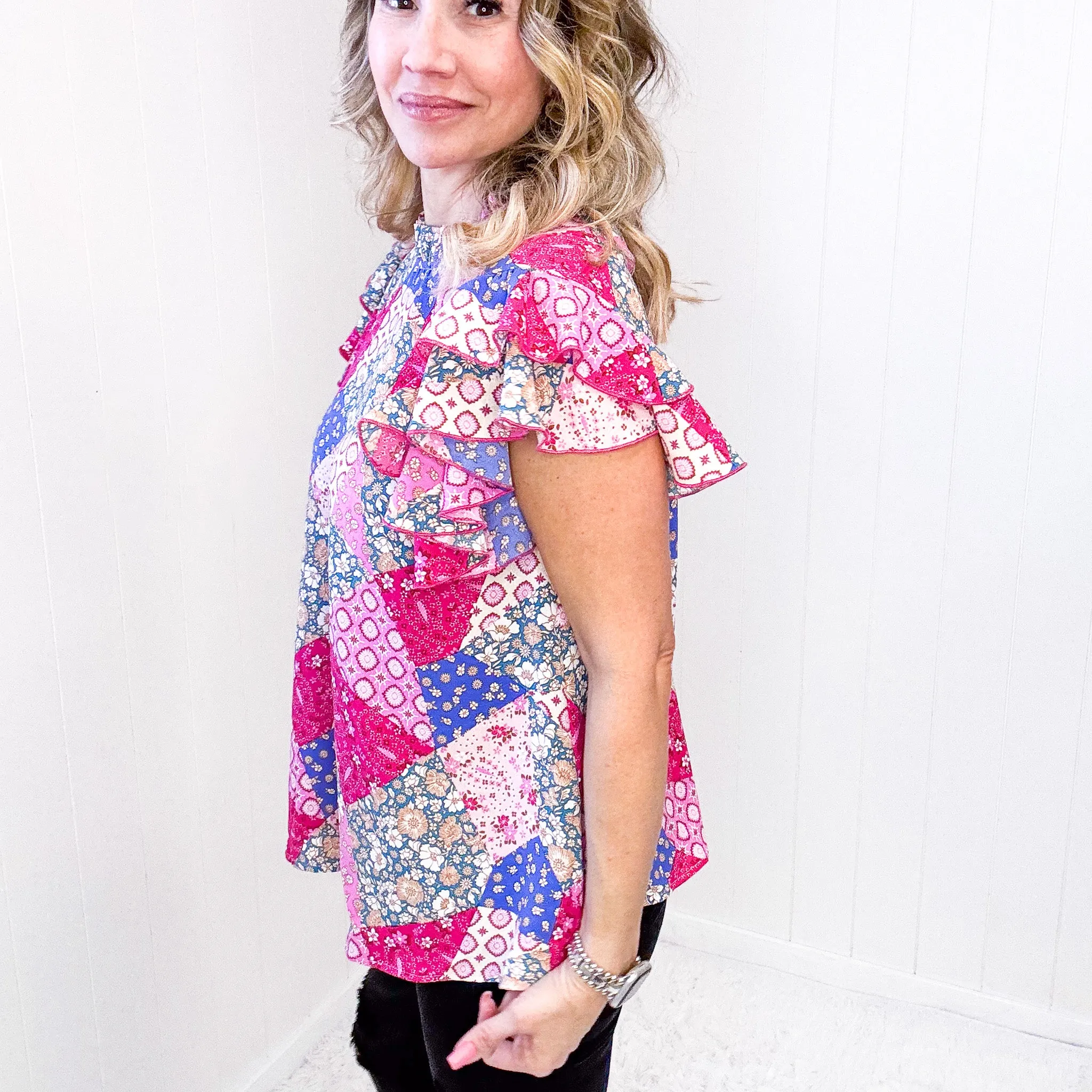 Feeling Bold Fuchsia Patchwork Mock Neck Flutter Sleeve Blouse sold by Boujee Boutique product image thumbnail 4