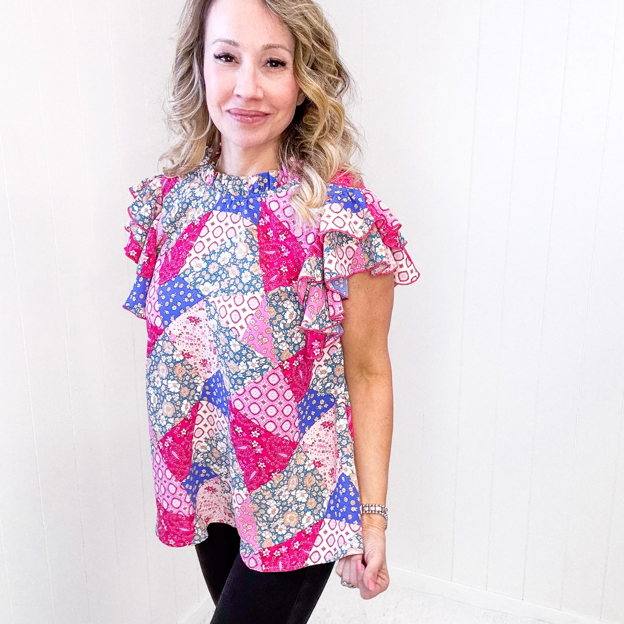 Feeling Bold Fuchsia Patchwork Mock Neck Flutter Sleeve Blouse sold by Boujee Boutique product image thumbnail 3