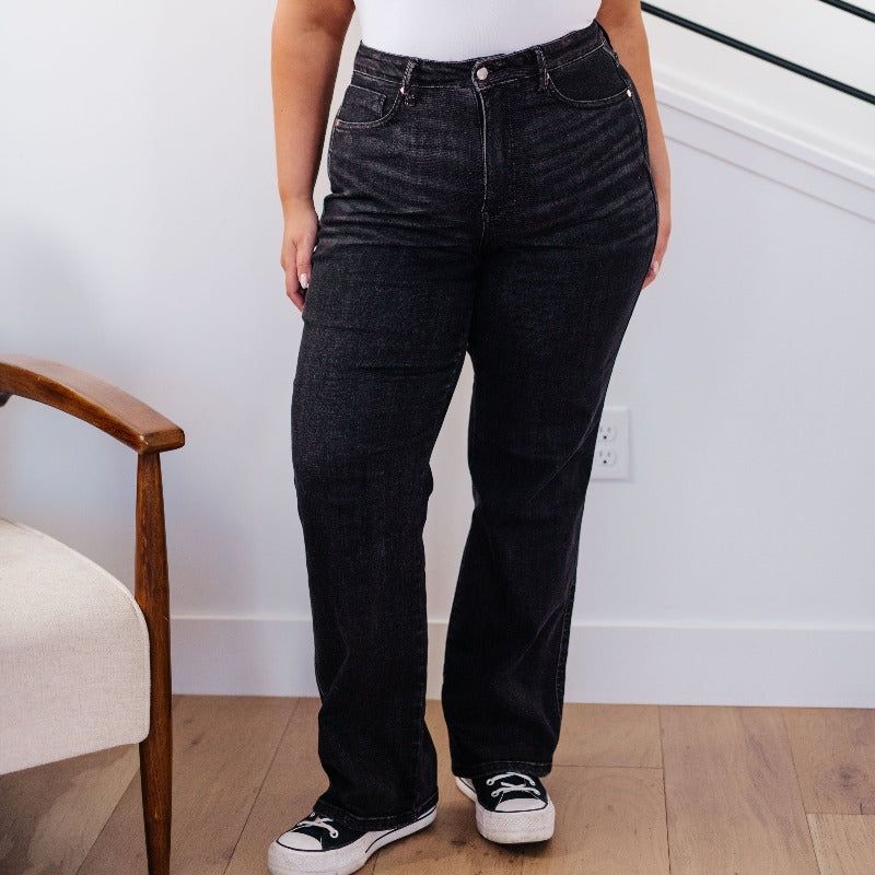 Judy Blue Washed Black High Waist Tummy Control Straight Jeans sold by Boujee Boutique