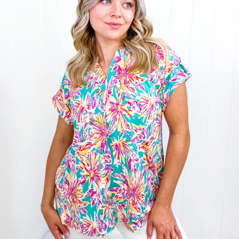 Dear Scarlett Lizzy Cap Sleeve Top in Emerald Multi Palm Trees sold by Boujee Boutique