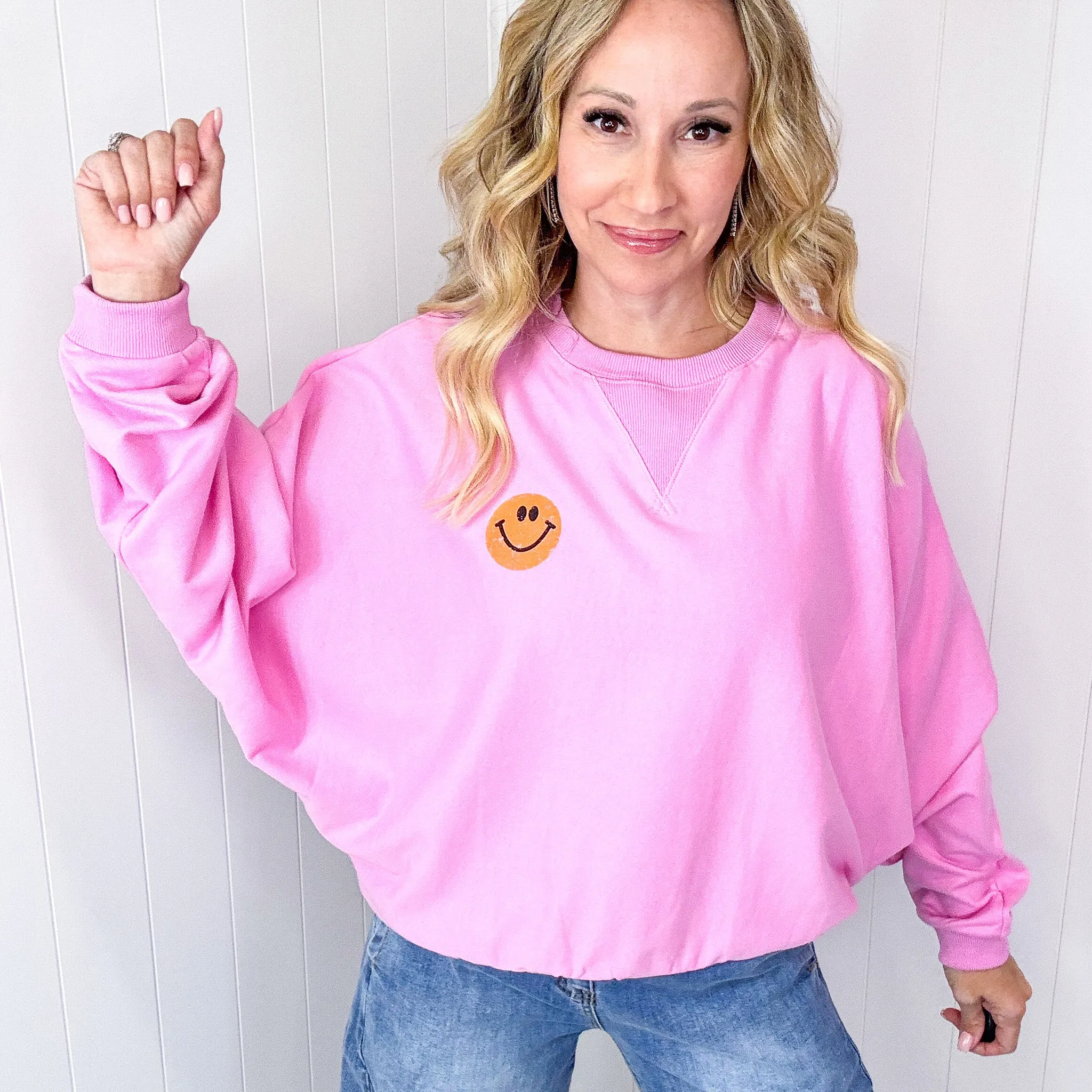 Happy Retro Mood Abstract Joy Long Sleeve Terry Pullover in 3 Colors sold by Boujee Boutique