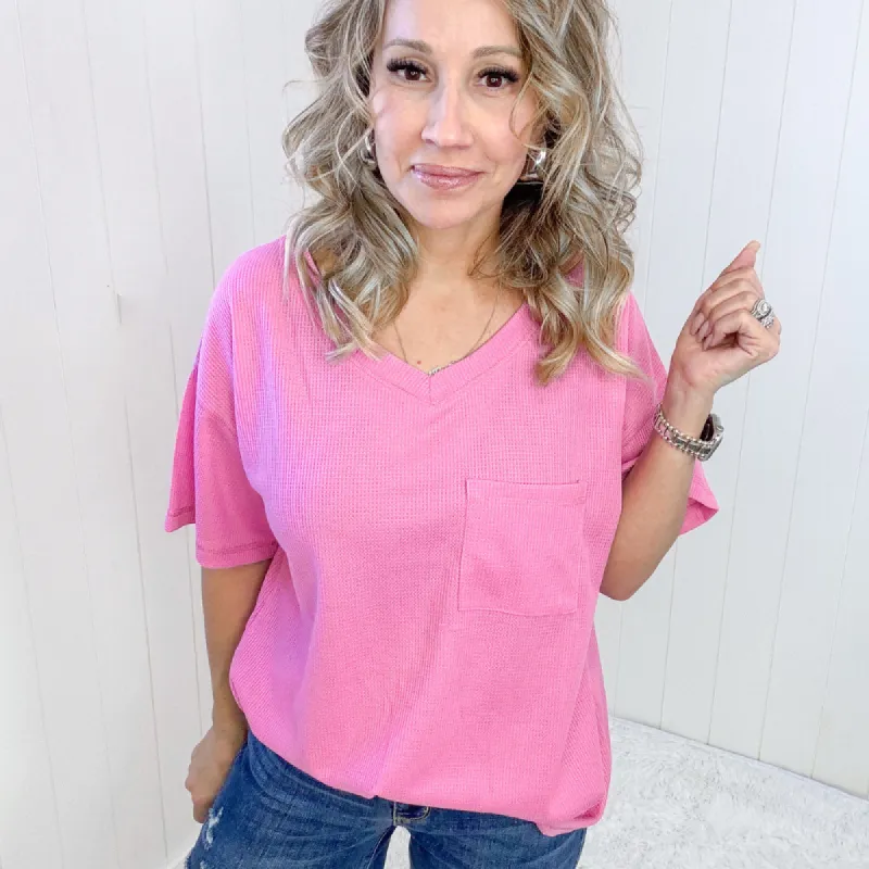 Back Together Pink Waffle Knit V-Neck Short Sleeve Top sold by Boujee Boutique
