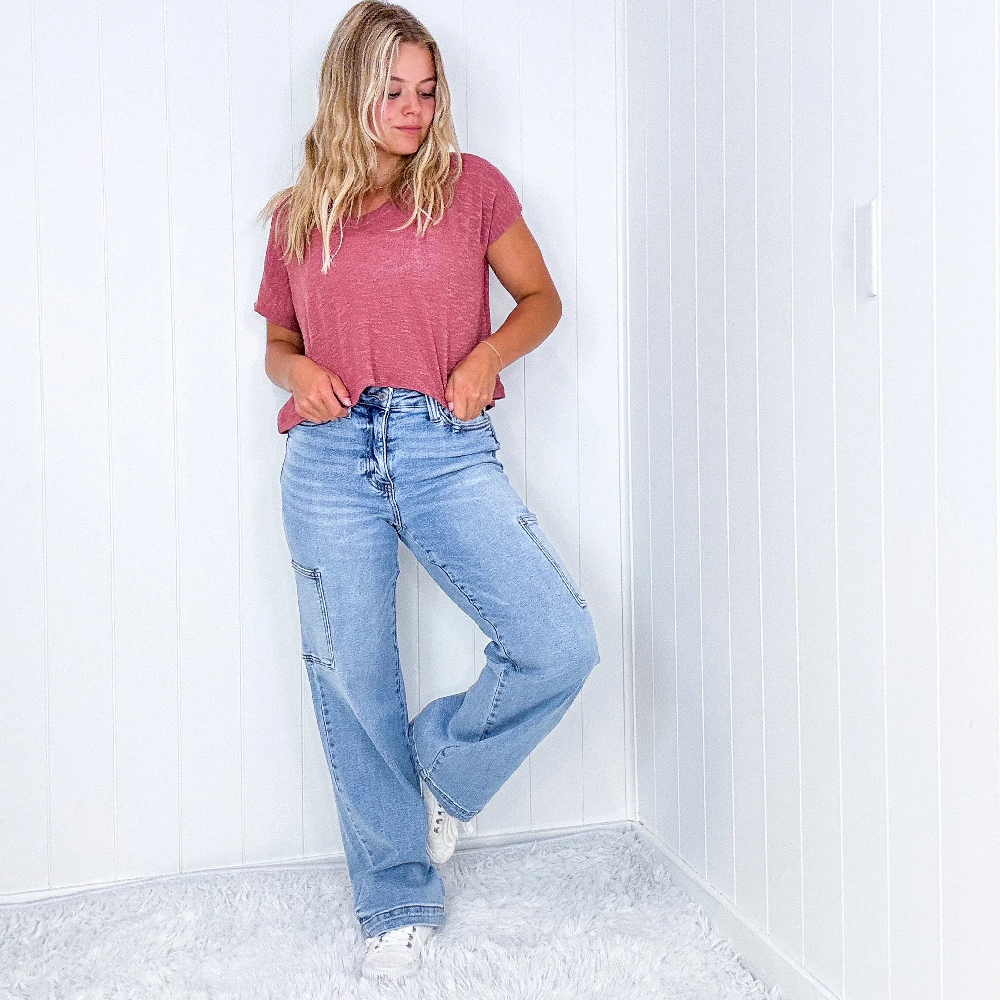 Judy Blue Mara High Waist Light Wash Wide Leg Cargo Pants sold by Boujee Boutique product image thumbnail 3