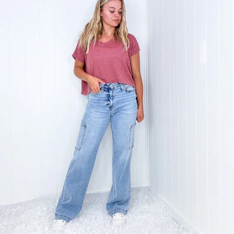 Judy Blue Mara High Waist Light Wash Wide Leg Cargo Pants sold by Boujee Boutique