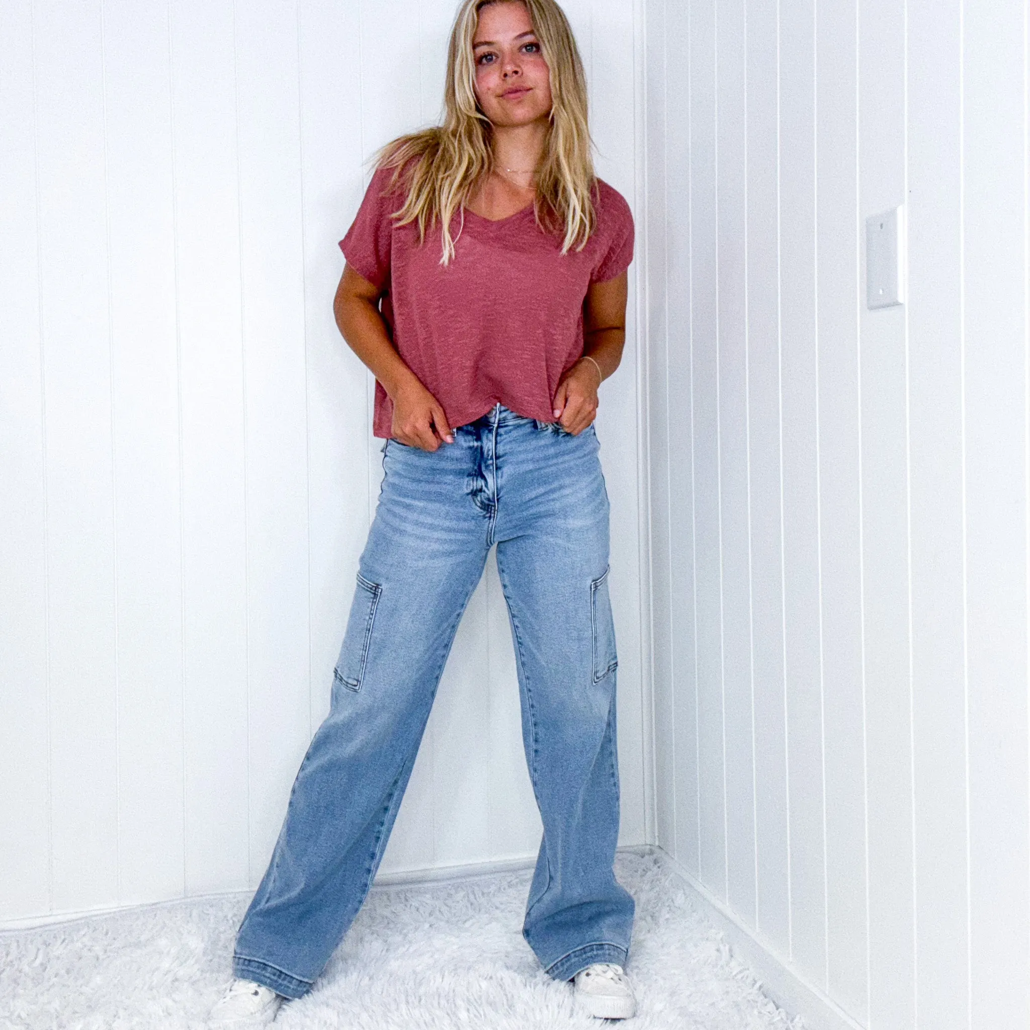 Judy Blue Mara High Waist Light Wash Wide Leg Cargo Pants sold by Boujee Boutique product image thumbnail 4