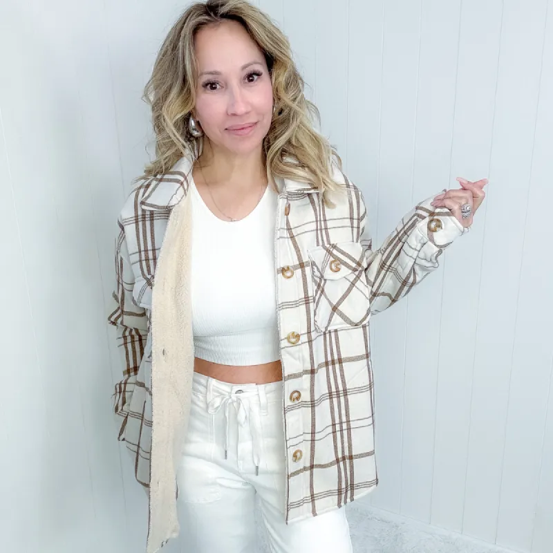 Call me Saturday Natural Plaid and Faux Sherpa Jacket sold by Boujee Boutique