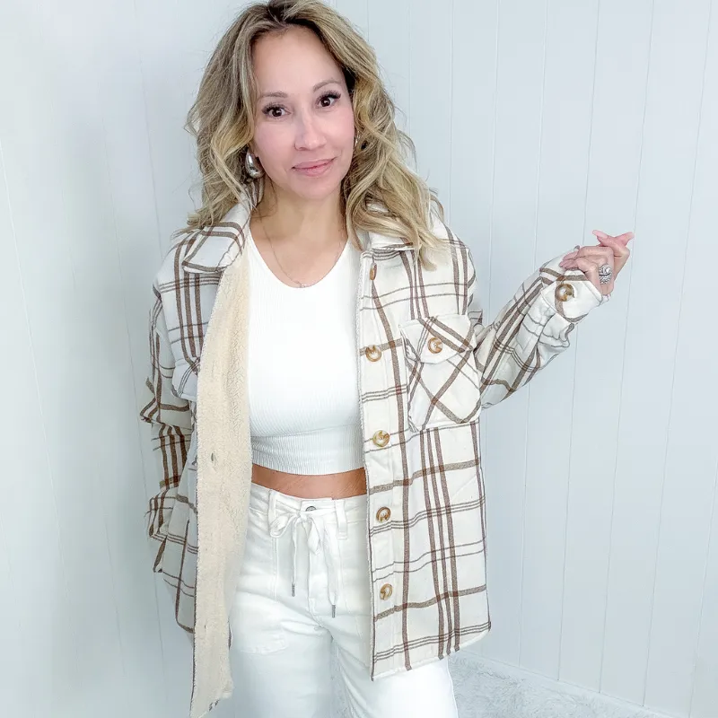 Call me Saturday Natural Plaid and Faux Sherpa Jacket sold by Boujee Boutique