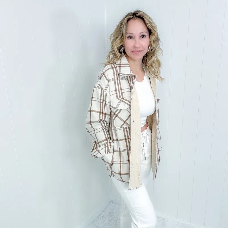 Call me Saturday Natural Plaid and Faux Sherpa Jacket sold by Boujee Boutique product image thumbnail 4
