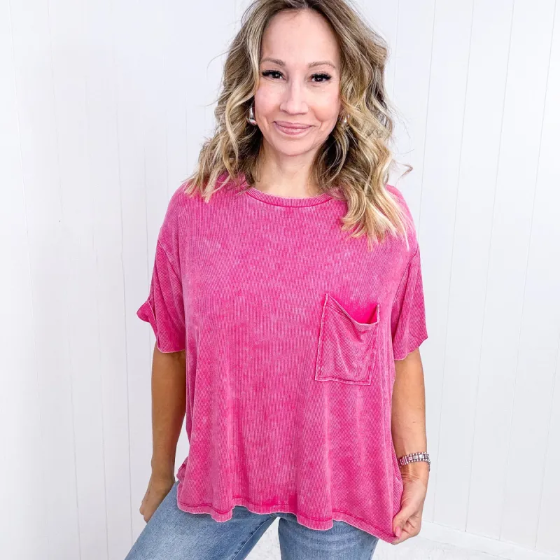 Mineral Wash Ribbed Slouchy Short Sleeve Top in Hot Pink sold by Boujee Boutique