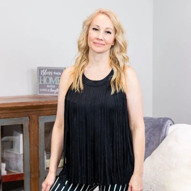 Black Sleeveless Suede Fringed Top sold by Boujee Boutique