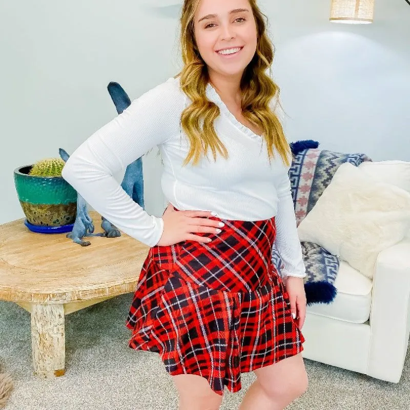 Red Presley Yoke Pleated Plaid Skort sold by Boujee Boutique