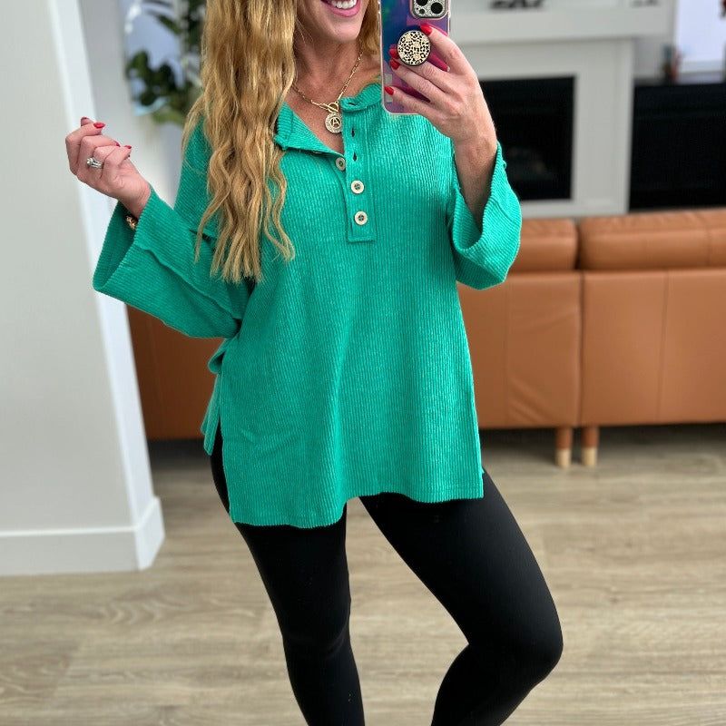 Ribbed Brushed Hacci Henley in Kelly Green sold by Boujee Boutique product image thumbnail 2