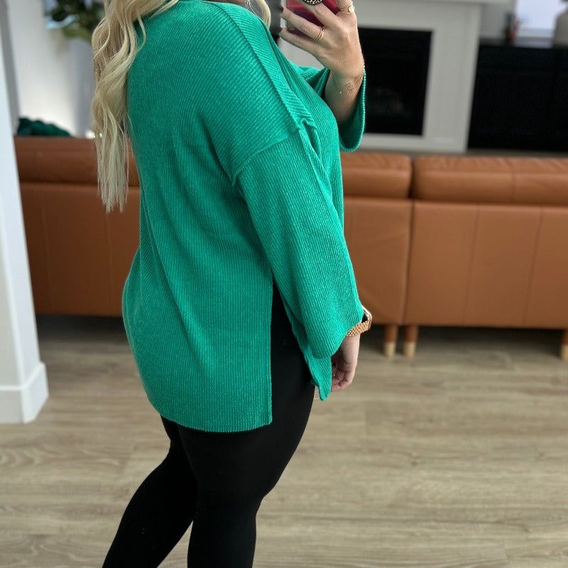 Ribbed Brushed Hacci Henley in Kelly Green sold by Boujee Boutique product image thumbnail 3