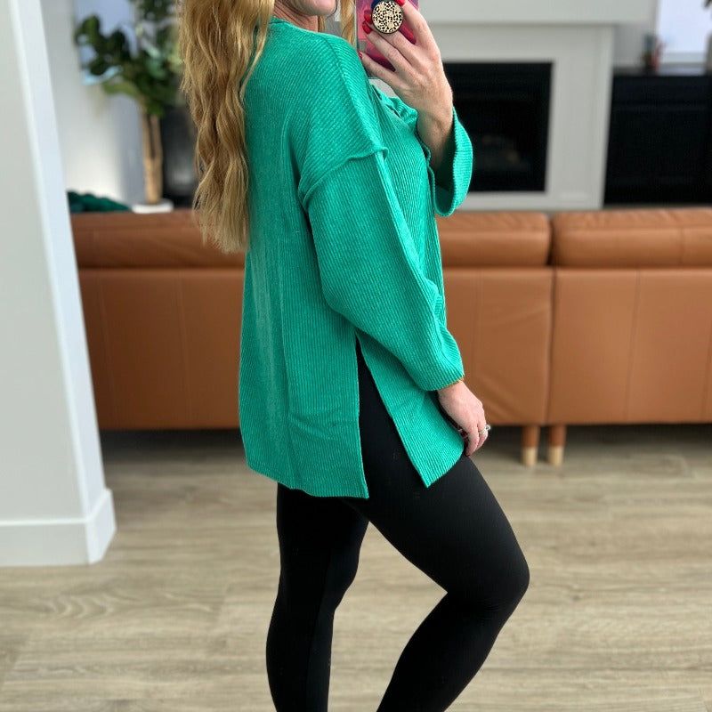 Ribbed Brushed Hacci Henley in Kelly Green sold by Boujee Boutique product image thumbnail 4