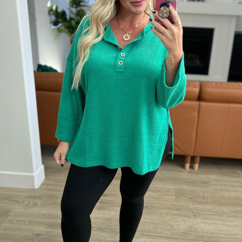 Ribbed Brushed Hacci Henley in Kelly Green sold by Boujee Boutique