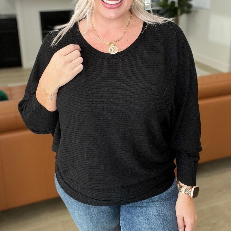 Ribbed Dolman Sleeve Boat Neck Sweater in Black sold by Boujee Boutique