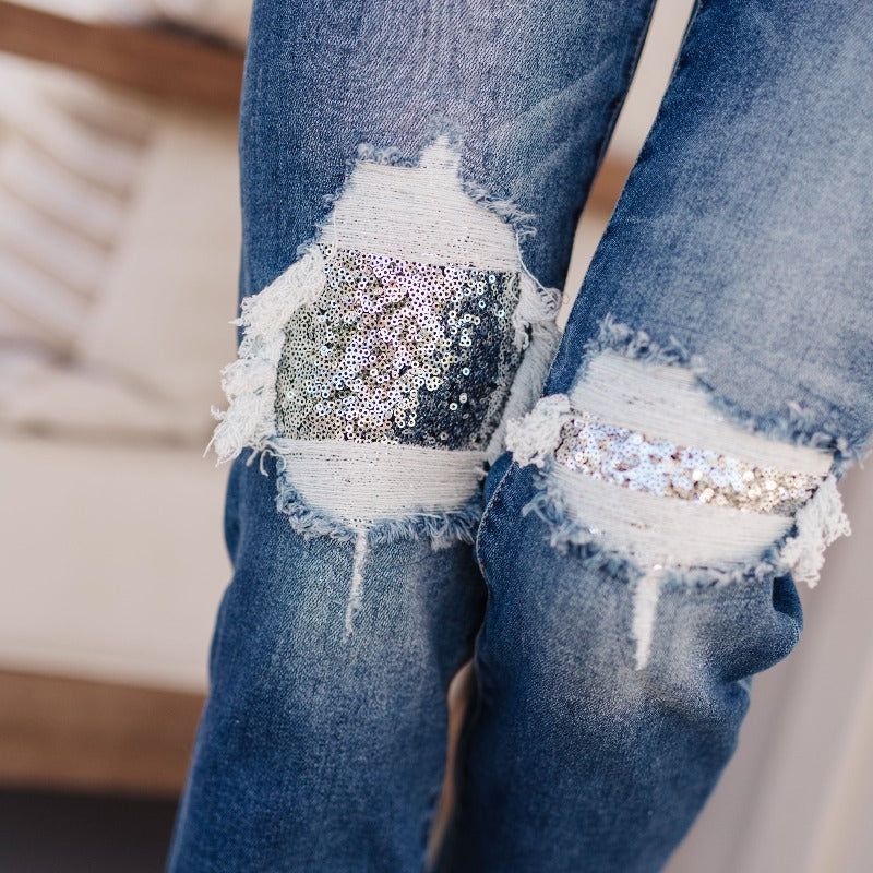 Risen Mid Rise Sequin Patch Tapered Jeans sold by Boujee Boutique product image thumbnail 2