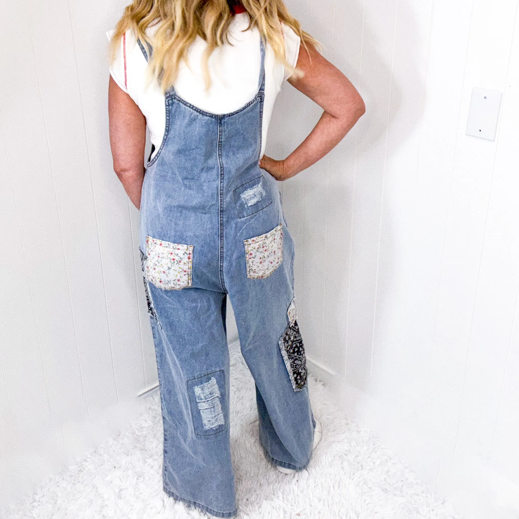 Pol Patchwork Perfection Denim Cropped Wide Leg Overalls with Adjustable Straps sold by Boujee Boutique product image thumbnail 4
