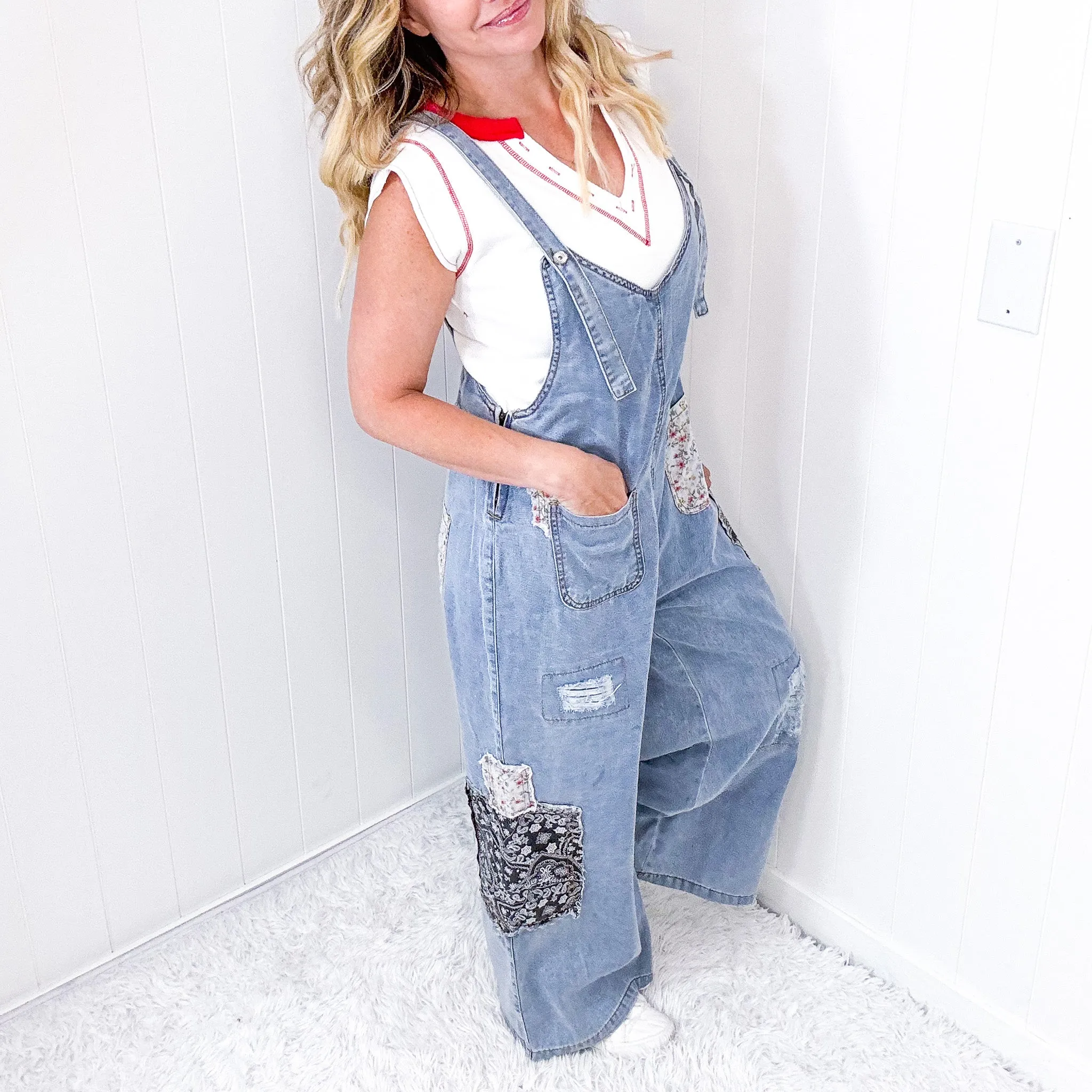 Pol Patchwork Perfection Denim Cropped Wide Leg Overalls with Adjustable Straps sold by Boujee Boutique product image thumbnail 5