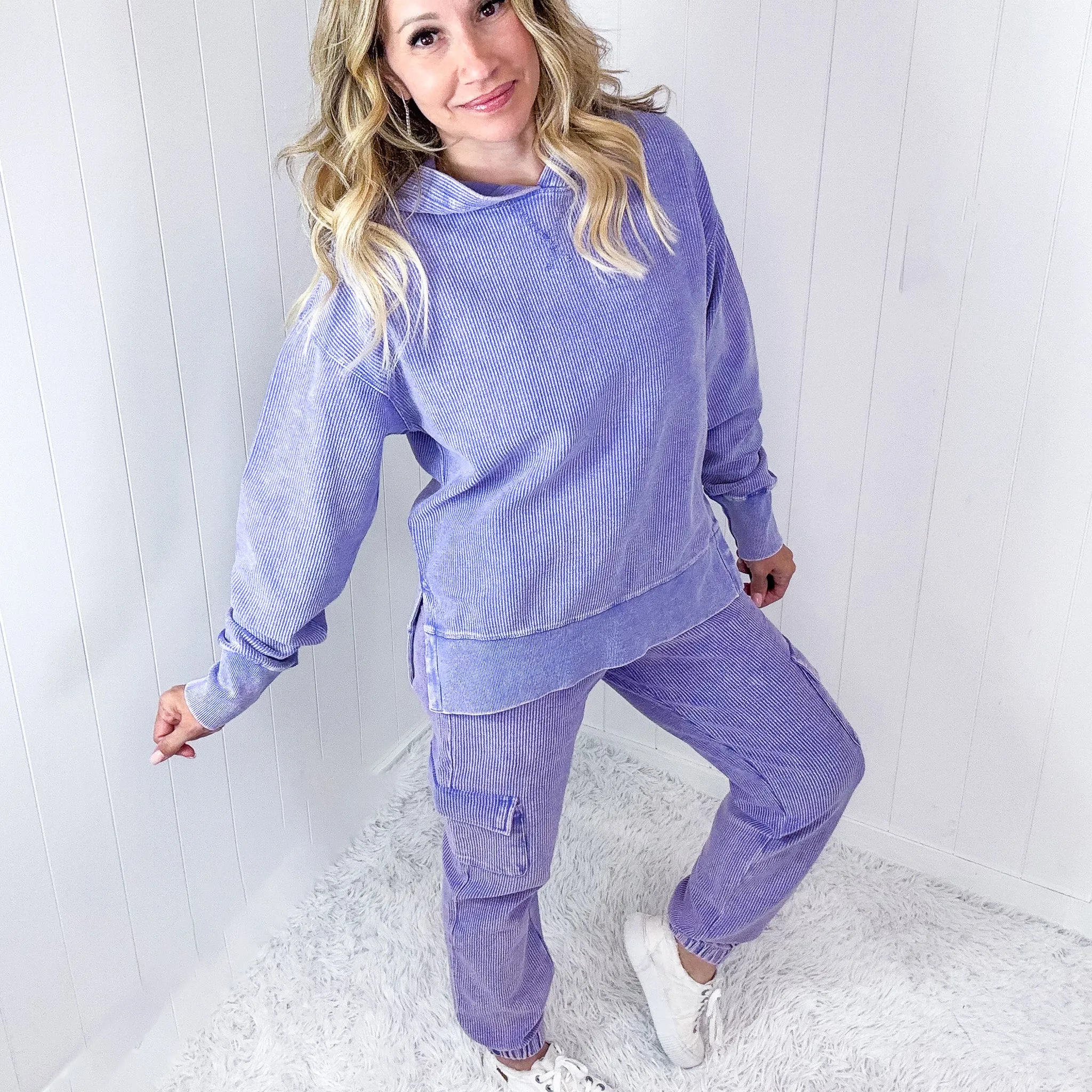 Lavender Love Luxe Snow Washed Corded Pullover Hoodie sold by Boujee Boutique