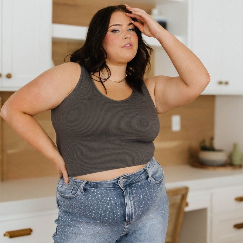 Relevant Ribbed Seamless Reversible Tank in Charcoal sold by Boujee Boutique
