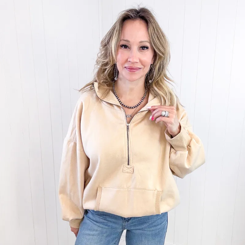 Oatmeal Taupe Elastic Hem Half Zip Fleece Hoodie sold by Boujee Boutique product image thumbnail 4