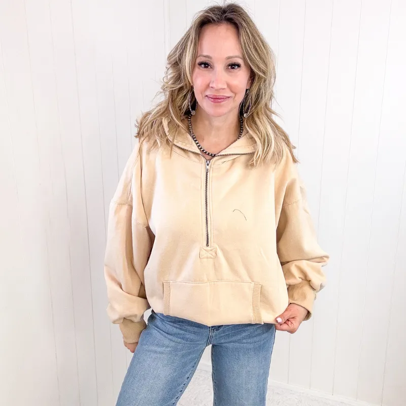 Oatmeal Taupe Elastic Hem Half Zip Fleece Hoodie sold by Boujee Boutique product image thumbnail 2