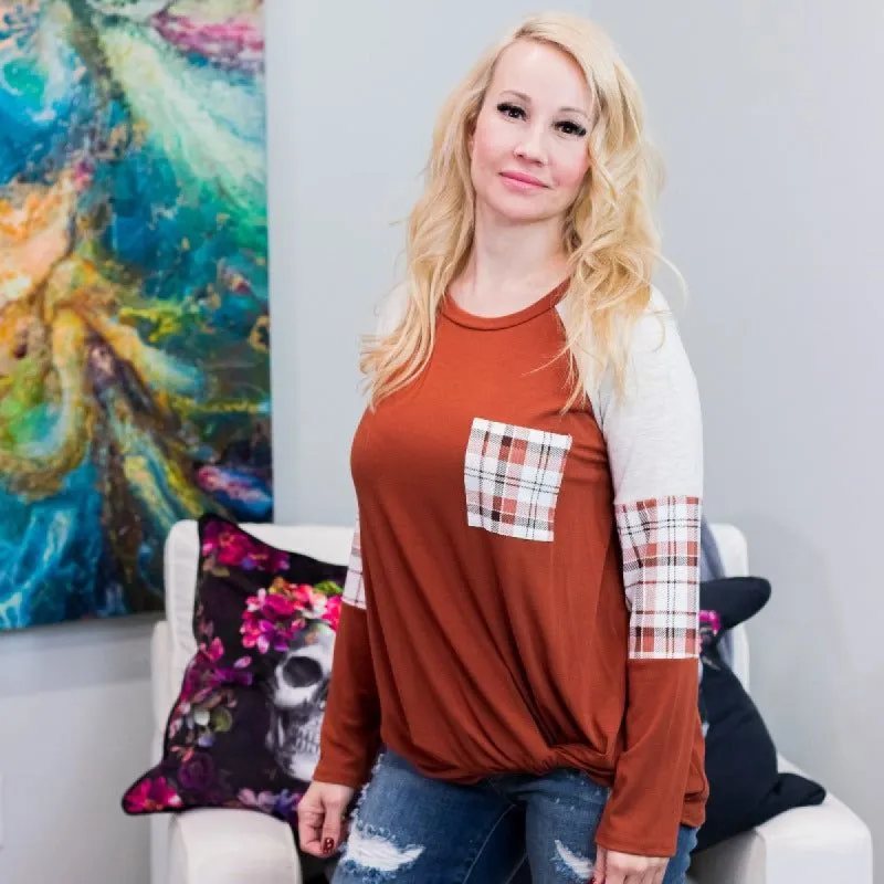 Cinnamon Plaid Long Sleeve Twist Top sold by Boujee Boutique