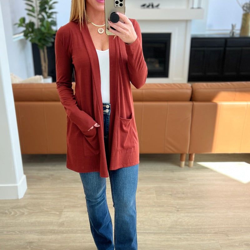Slouchy Pocket Open Cardigan in Dark Rust sold by Boujee Boutique product image thumbnail 2