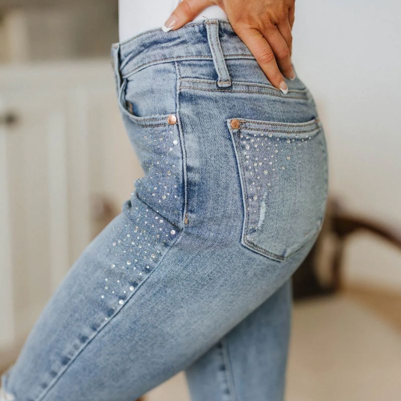 Judy Blue High Waist Rhinestone Embellished Distressed Slim Jeans sold by Boujee Boutique product image thumbnail 3
