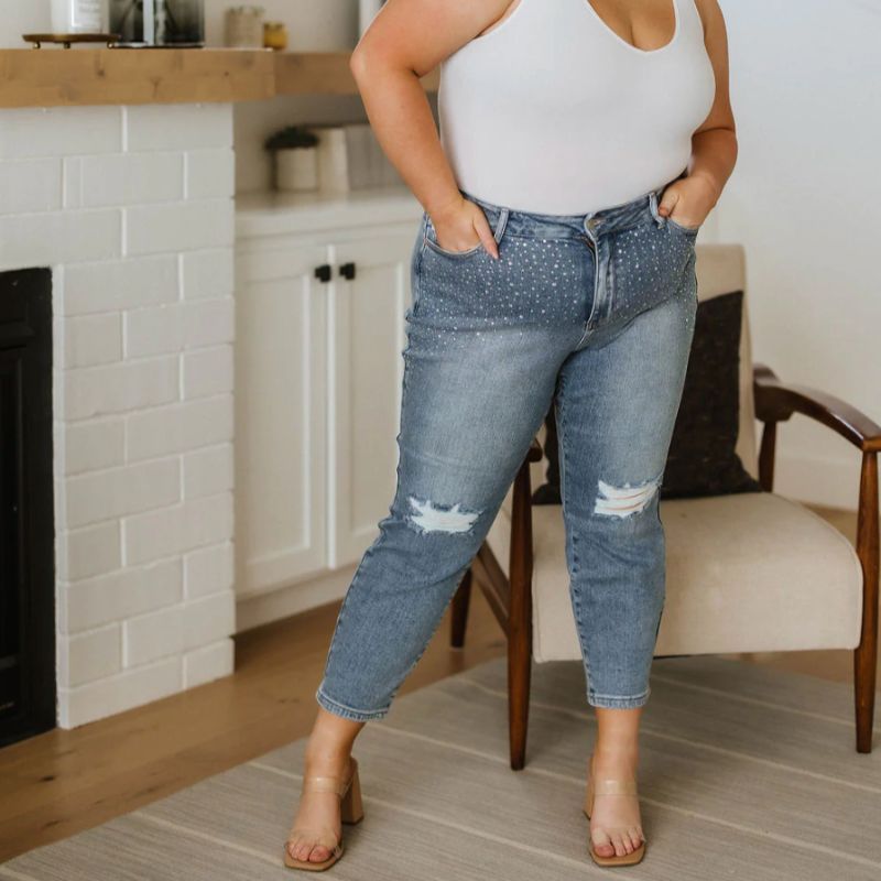 Judy Blue High Waist Rhinestone Embellished Distressed Slim Jeans sold by Boujee Boutique product image thumbnail 5