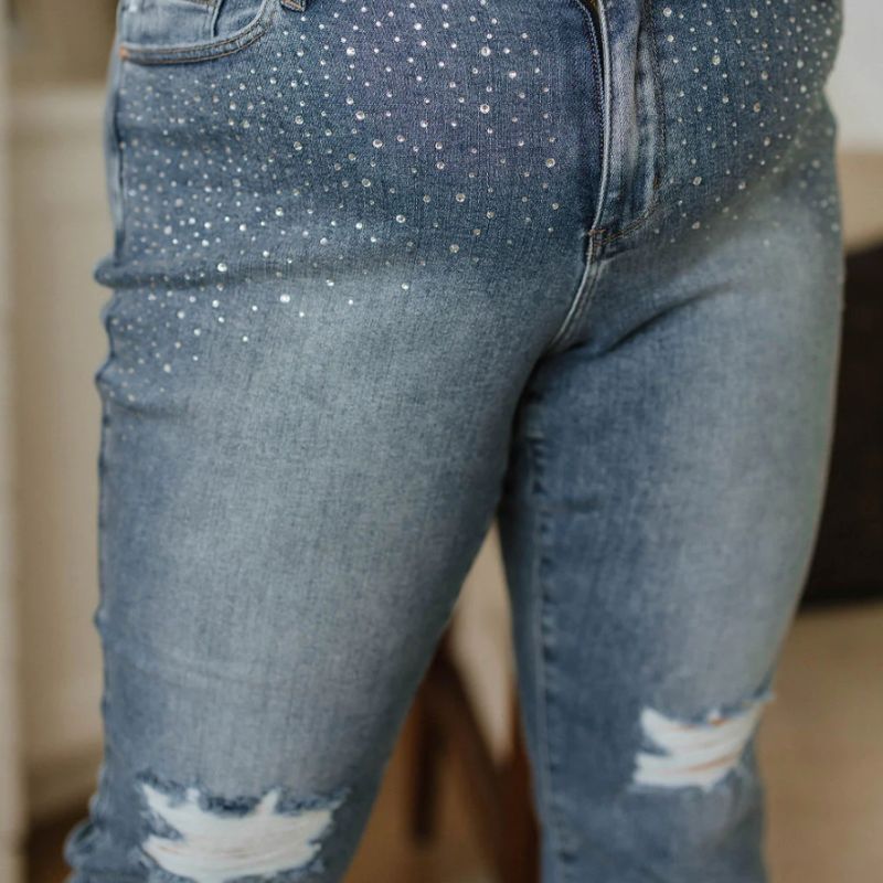 Judy Blue High Waist Rhinestone Embellished Distressed Slim Jeans sold by Boujee Boutique product image thumbnail 4