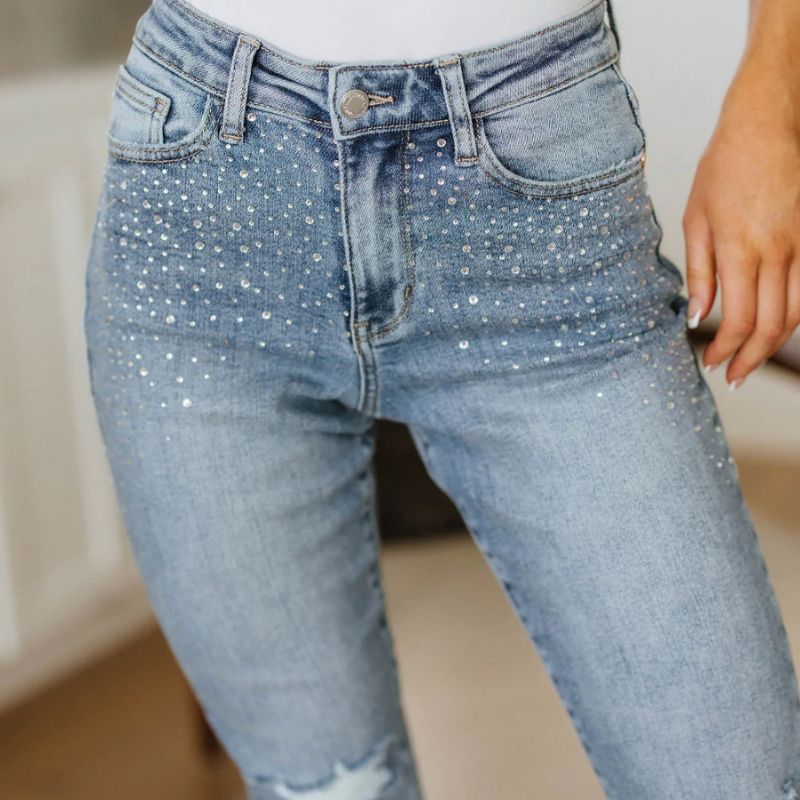 Judy Blue High Waist Rhinestone Embellished Distressed Slim Jeans sold by Boujee Boutique product image thumbnail 2