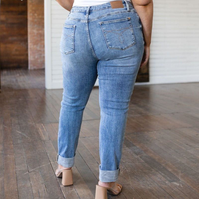 Judy Blue Mid Rise Elodie Distressed Boyfriend Jeans sold by Boujee Boutique product image thumbnail 3