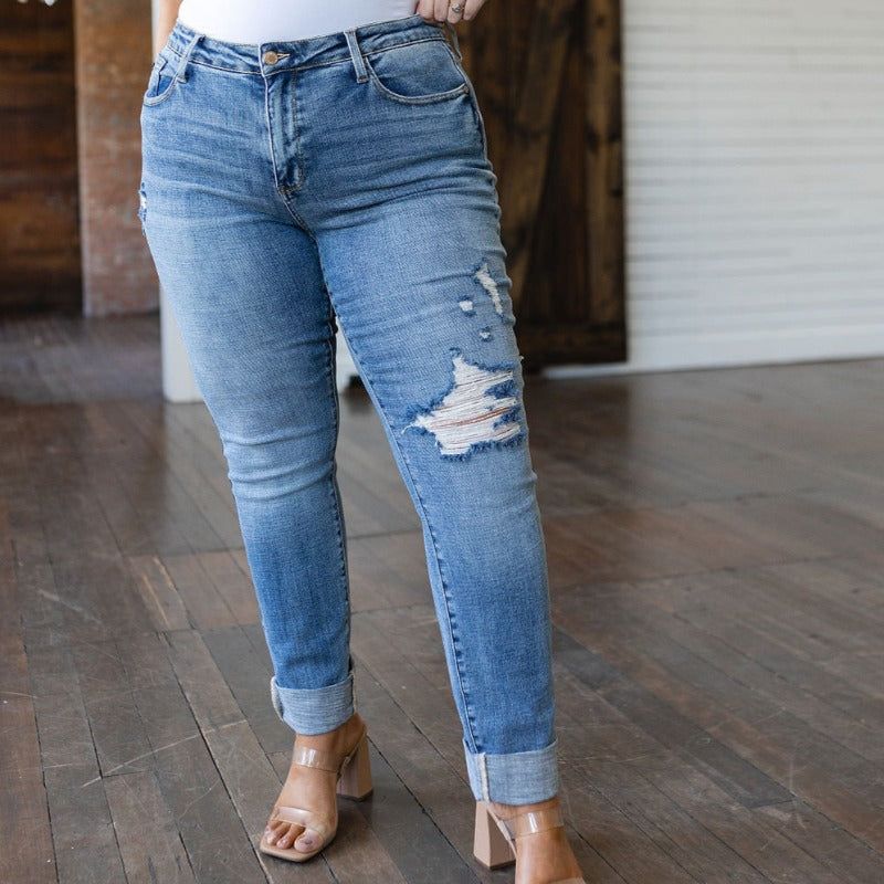 Judy Blue Mid Rise Elodie Distressed Boyfriend Jeans sold by Boujee Boutique