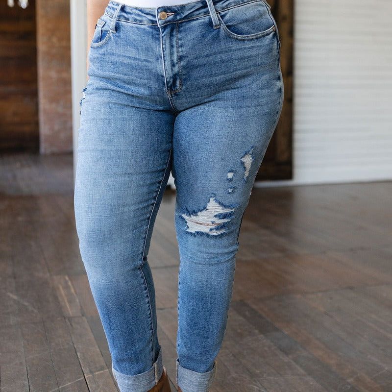 Judy Blue Mid Rise Elodie Distressed Boyfriend Jeans sold by Boujee Boutique product image thumbnail 5