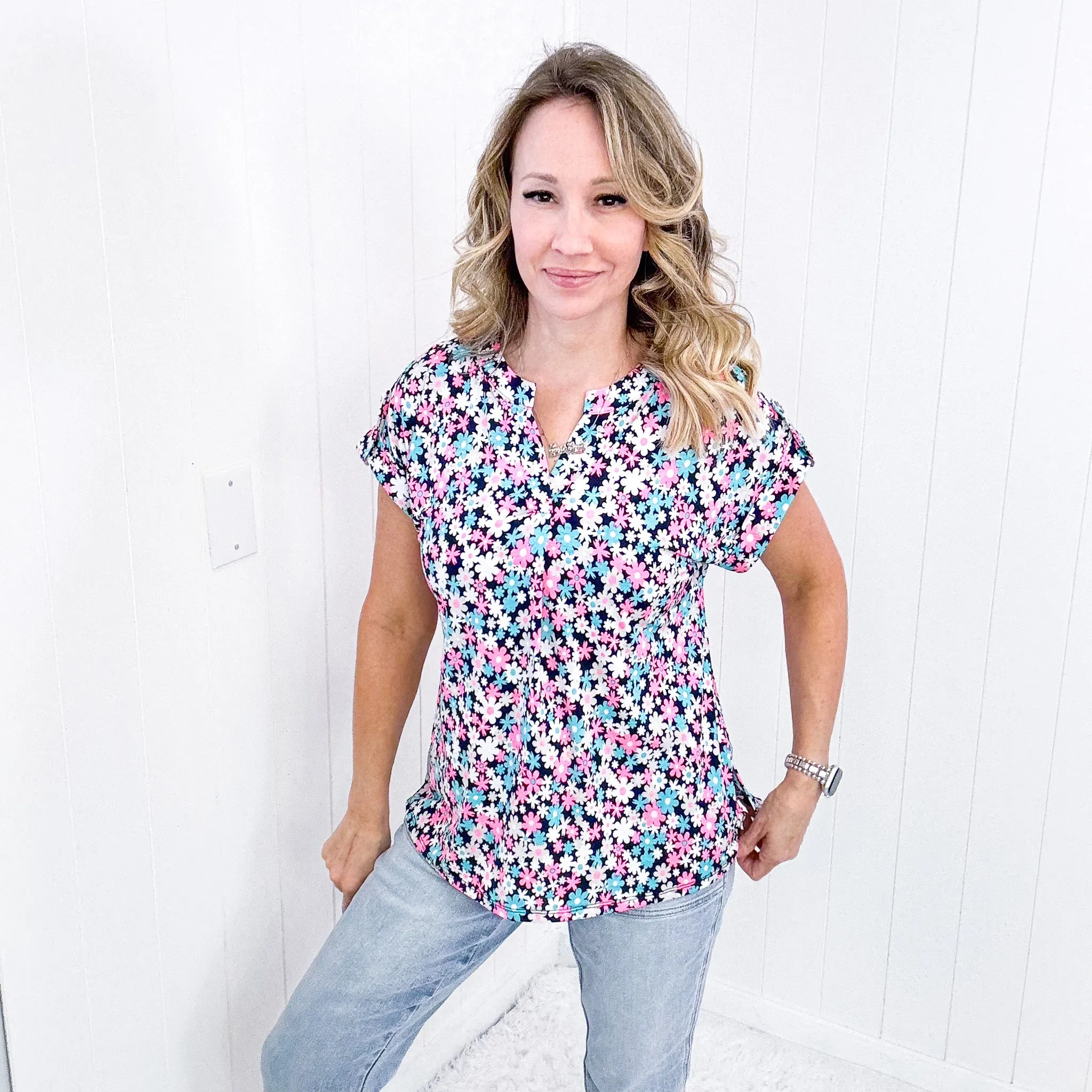 Dear Scarlett Lizzy Cap Sleeve Top in Navy and Hot Pink Floral sold by Boujee Boutique