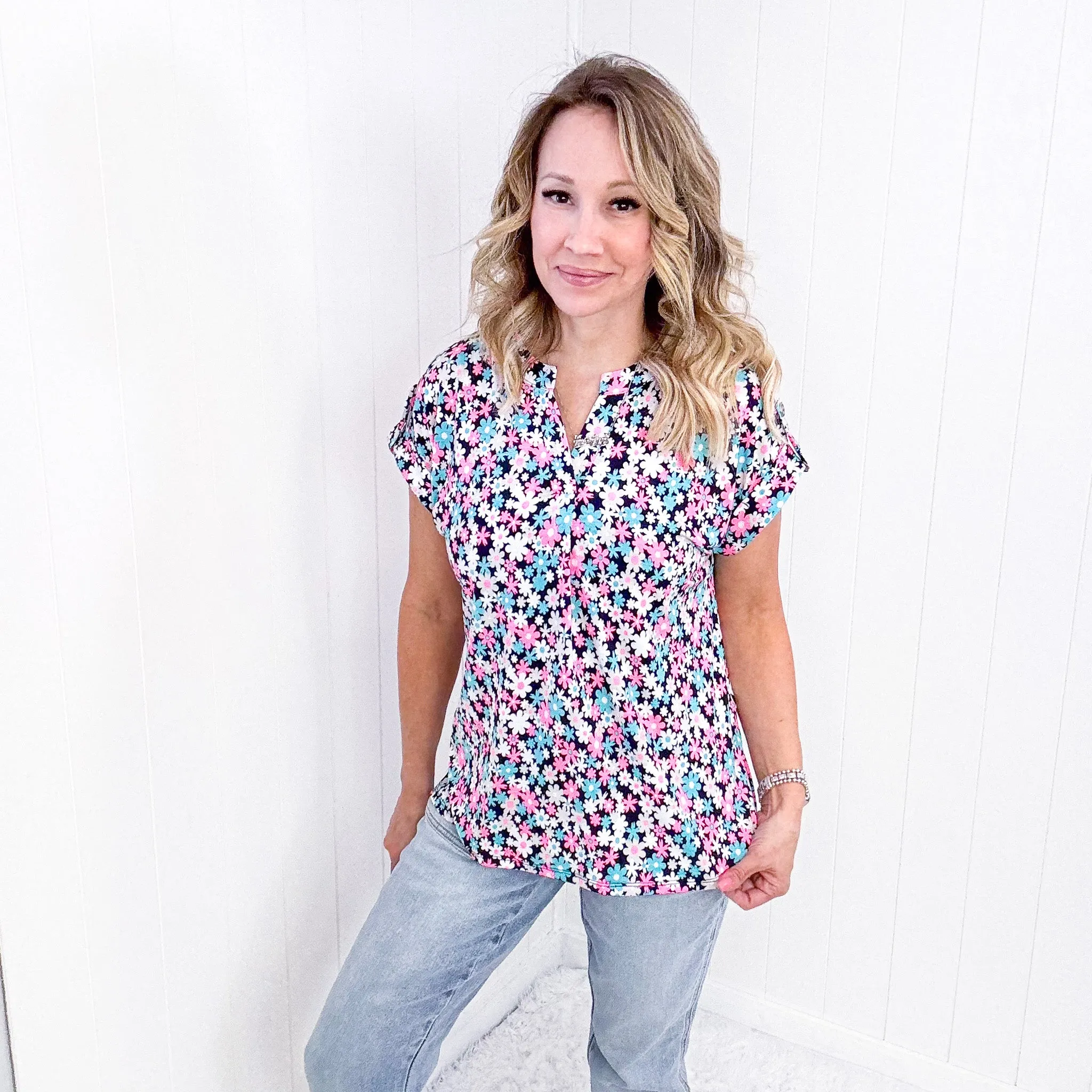 Dear Scarlett Lizzy Cap Sleeve Top in Navy and Hot Pink Floral sold by Boujee Boutique product image thumbnail 5