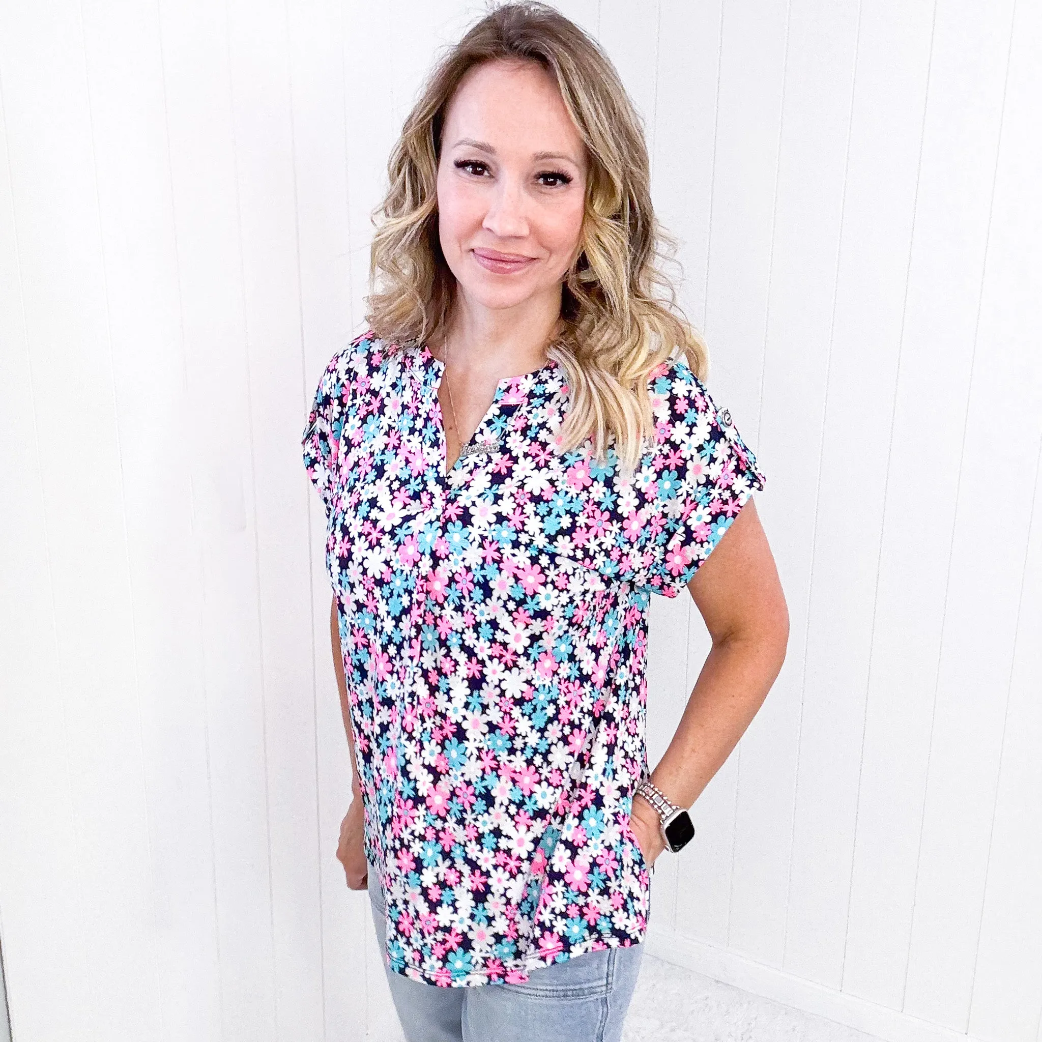 Dear Scarlett Lizzy Cap Sleeve Top in Navy and Hot Pink Floral sold by Boujee Boutique product image thumbnail 4