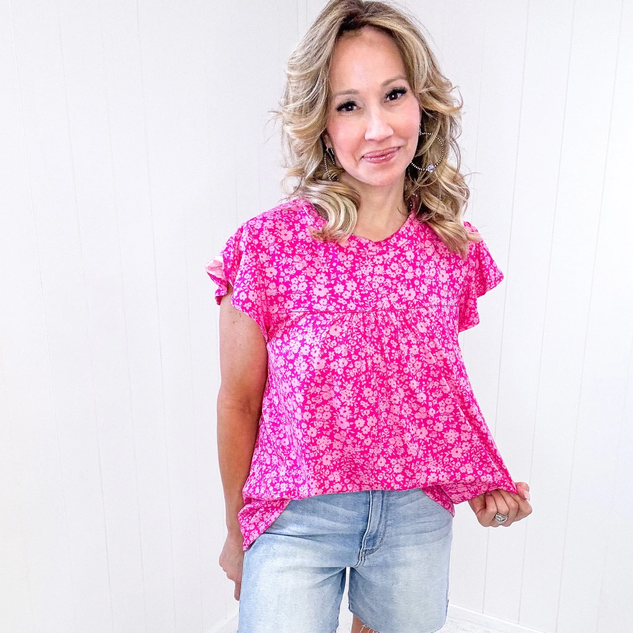 Look Of Love Fuchsia Floral Yoke Ruffle Short Sleeve Top sold by Boujee Boutique product image thumbnail 2