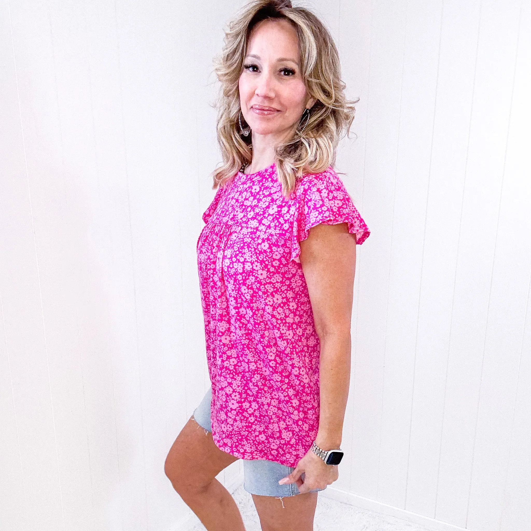 Look Of Love Fuchsia Floral Yoke Ruffle Short Sleeve Top sold by Boujee Boutique product image thumbnail 4