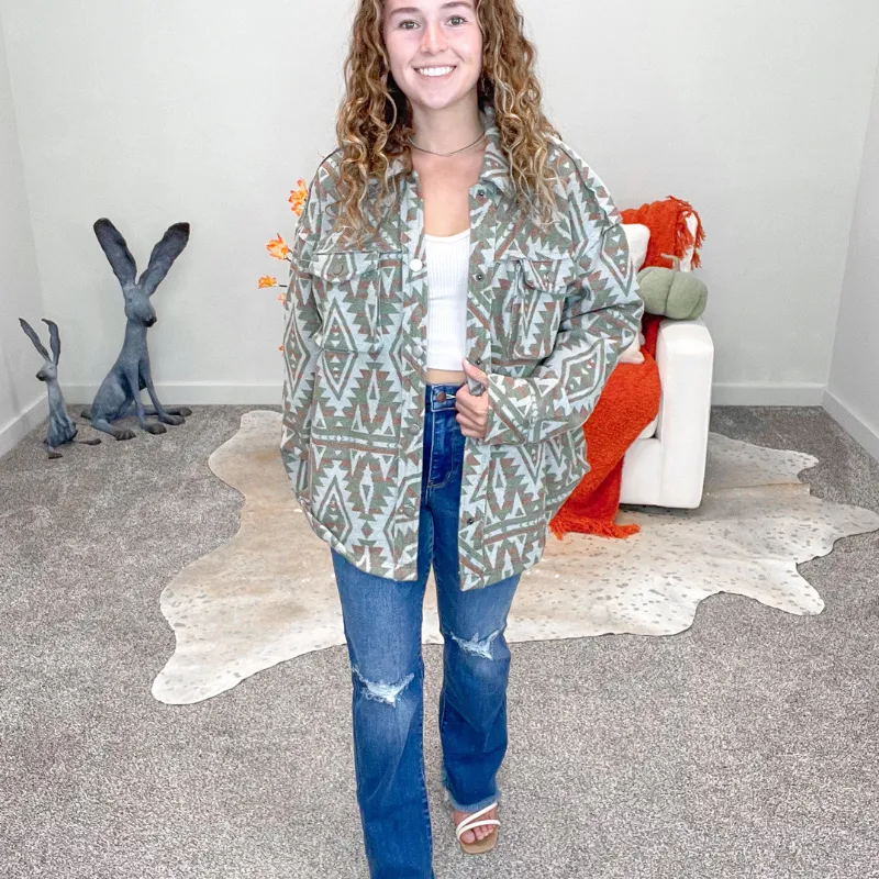 Olive and Rust Geo Pattern 3D Pocket Oversized Jacket sold by Boujee Boutique