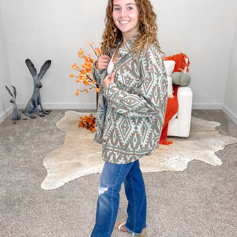 Olive and Rust Geo Pattern 3D Pocket Oversized Jacket sold by Boujee Boutique product image thumbnail 5