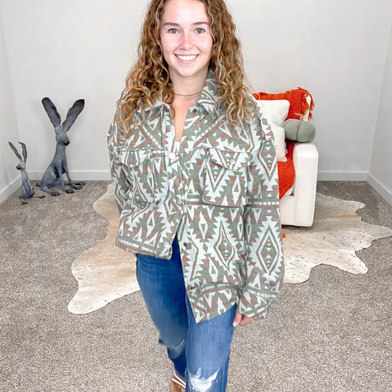 Olive and Rust Geo Pattern 3D Pocket Oversized Jacket sold by Boujee Boutique product image thumbnail 3