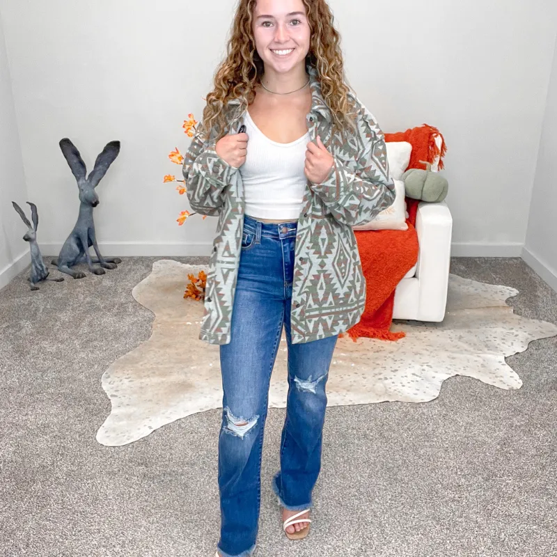 Olive and Rust Geo Pattern 3D Pocket Oversized Jacket sold by Boujee Boutique product image thumbnail 2