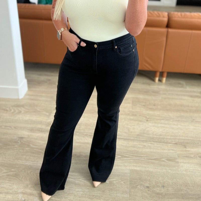 Judy Blue Etta High Waist Control Top Flare Jeans in Black sold by Boujee Boutique