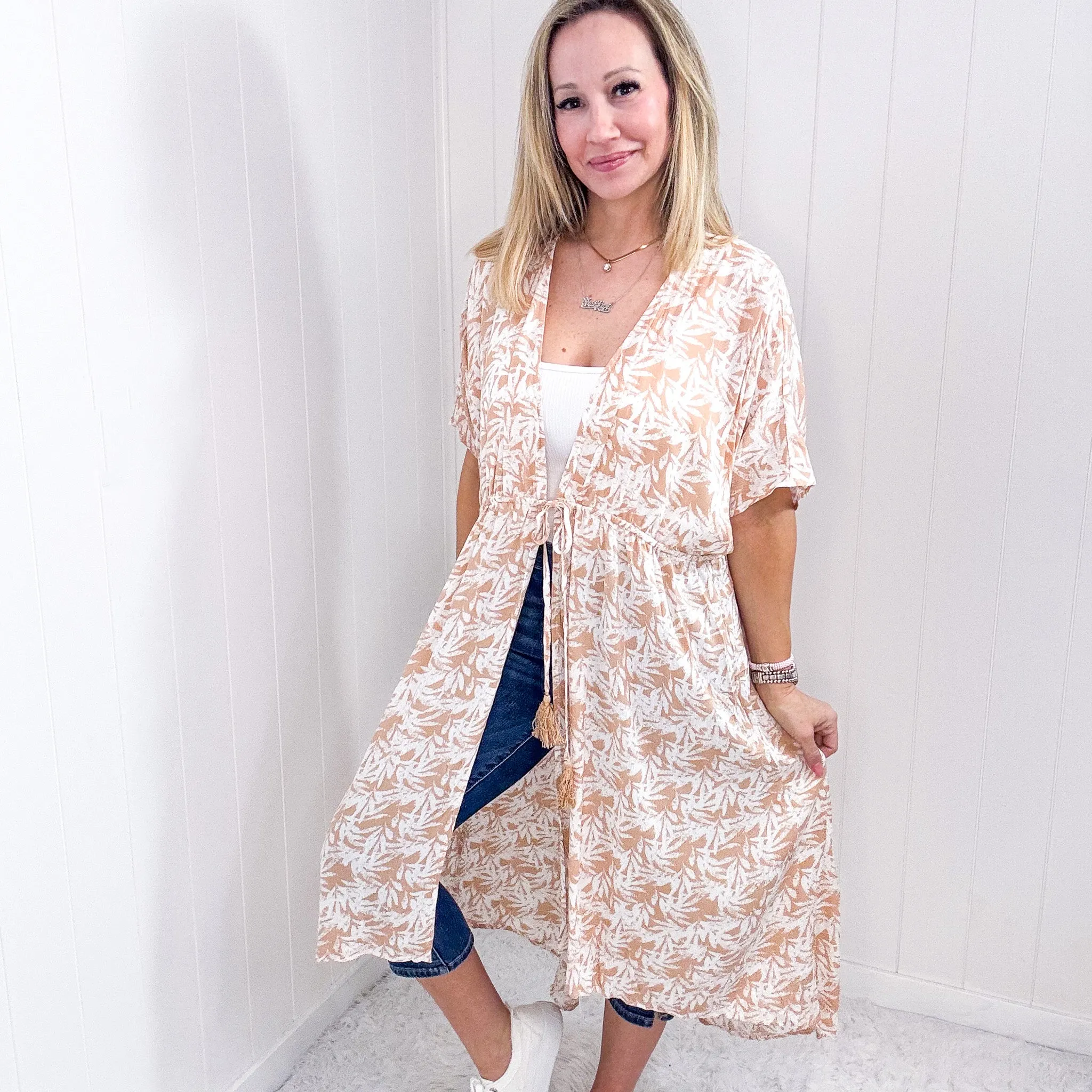 Taupe and White Tropical Print Gauze with Elastic Waist Tie Kimono sold by Boujee Boutique product image thumbnail 2